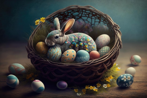 Easter bunny in a basket with eggs