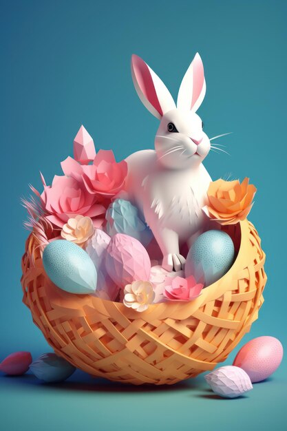 Easter bunny in a basket with eggs