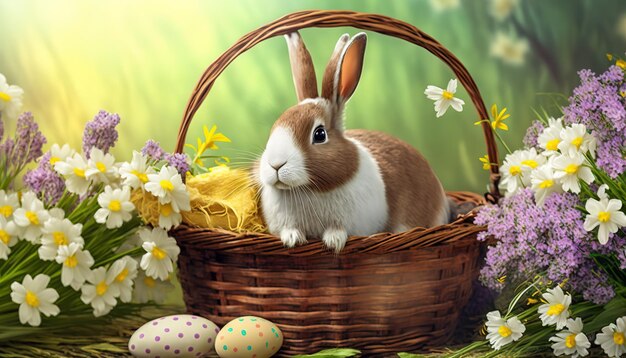 Easter bunny in a basket with flowers