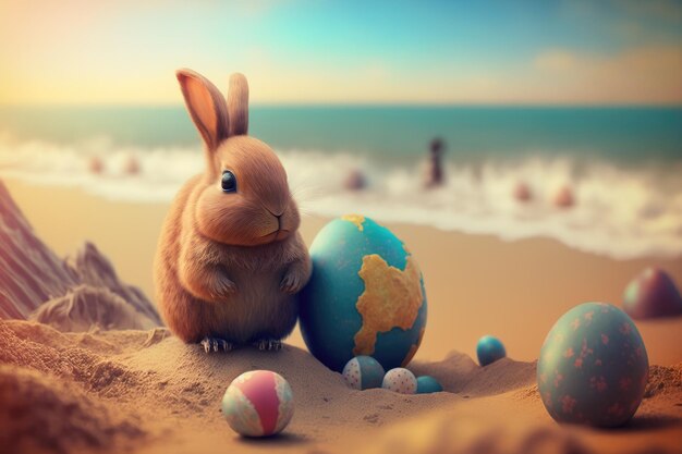 Easter bunny on the beach with a blue egg