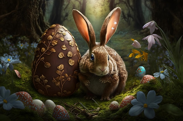 Easter bunny big chocolate egg and colored eggs in a magical fairy forest Generative AI 2