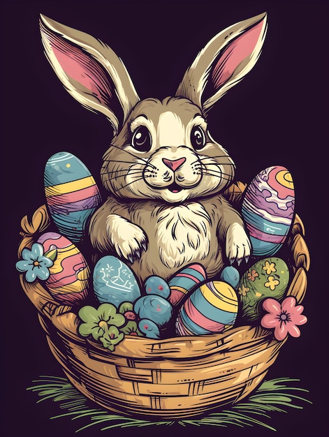 пасхальный заяц сидит в корзине с пасхальными яйцами