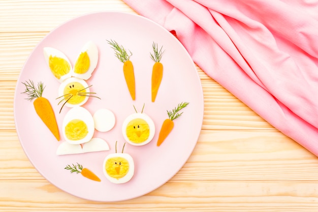 Easter bunny and chicken eggs for children with carrots