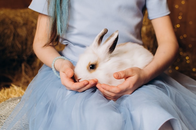 부활절 토끼 근접 촬영 파란 드레스를 입은 소녀가 토끼를 쓰다듬고 있습니다