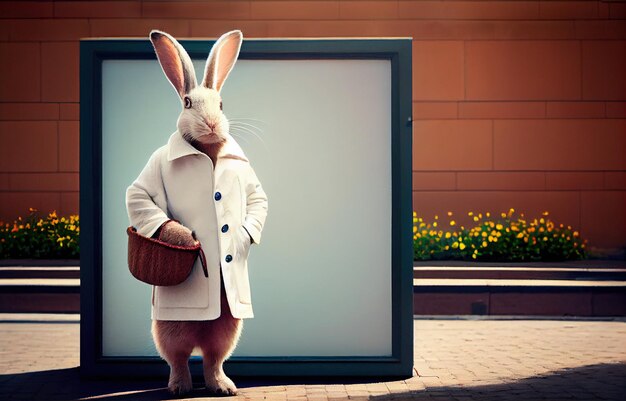 Easter bunny in coat next to blank billboard mockup in city happy easter concept Generative AI