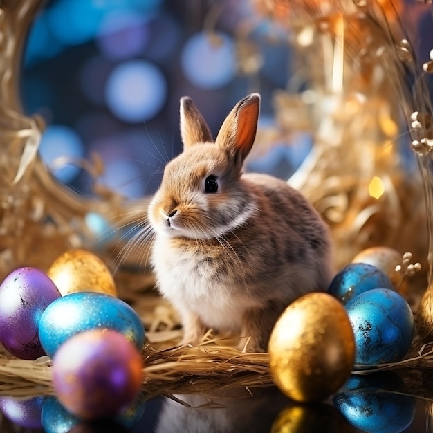 Easter bunny and colored eggs on the background of glittering tinsels