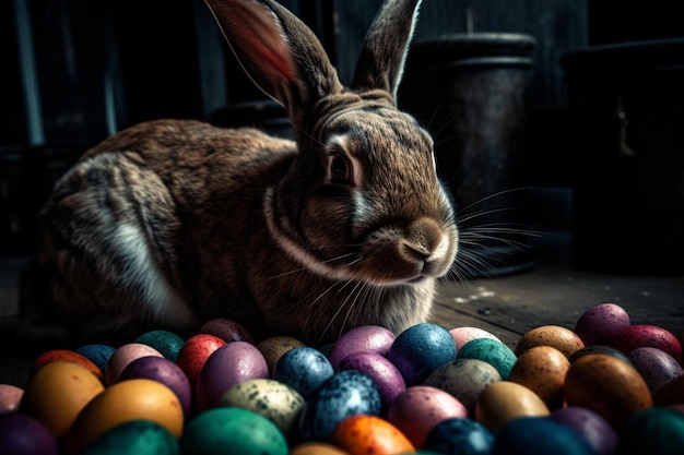 Easter bunny and colored eggs in the forest on a dark background