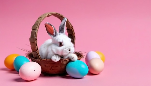Foto coniglio di pasqua e uova colorate sullo sfondo rosa schema banner felice copia di pasqua spazio generato da ai