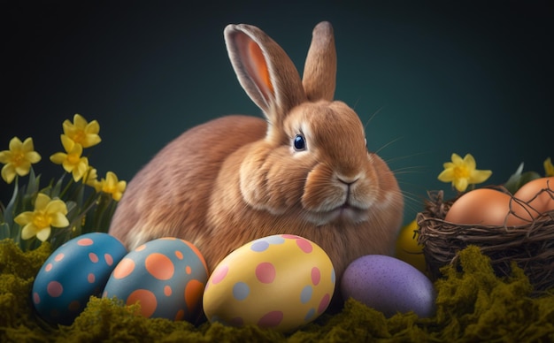 Easter bunny and colorful easter eggs in the grass Happy Easter Day copy space