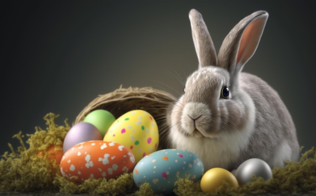 Пасхальный кролик и красочные пасхальные яйца в траве С Днем Пасхи копией пространства
