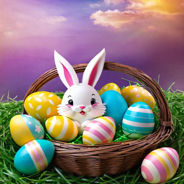 Пасхальный кролик и красочные яйца в корзине на зеленой траве с небесным фоном