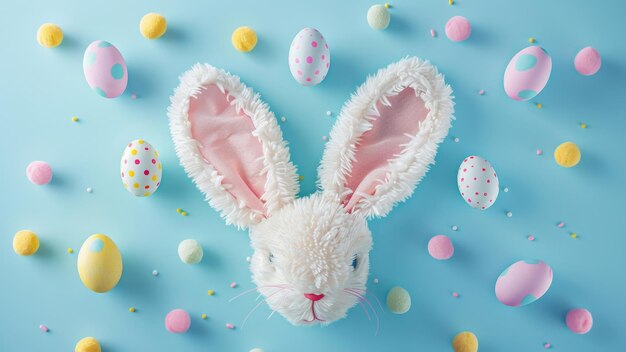 Easter Bunny and Colorful Eggs on Blue Background