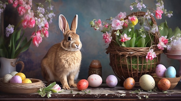 Photo easter bunny and colorful eggs in easter decor in pastel colors