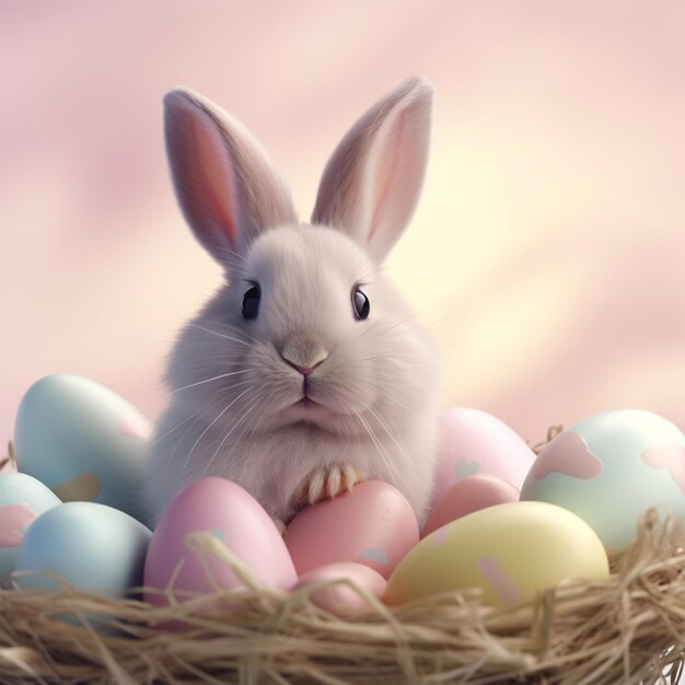 ピンクのパステル色の背景に巣を作ったイースターウサギとカラフルな卵