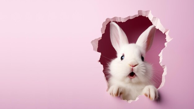 Easter bunny crawls out of the hole light pink wallpaper Easter