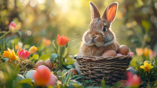 Easter Bunny Decorated Eggs And Cute Rabbit In Sunny Spring Meadow With Defocused Abstract Lights