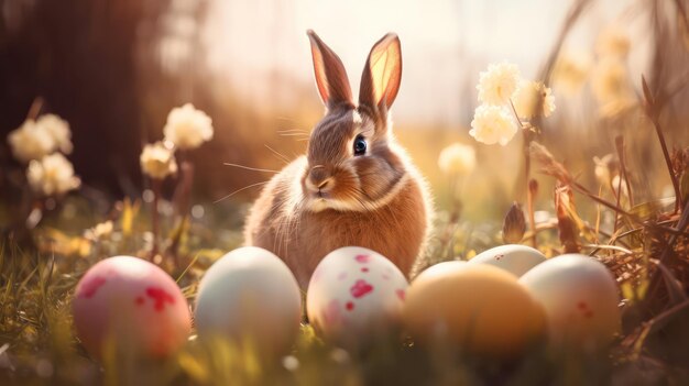 Easter Bunny Decorated Eggs And Cute Rabbit In Sunny Spring Meadow With Defocused Abstract Lights