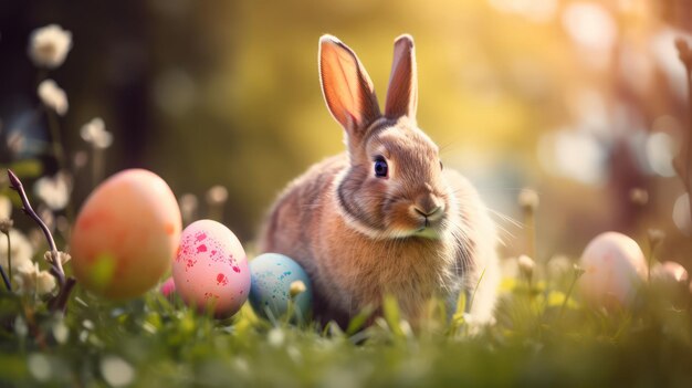 Easter Bunny Decorated Eggs And Cute Rabbit In Sunny Spring Meadow With Defocused Abstract Lights