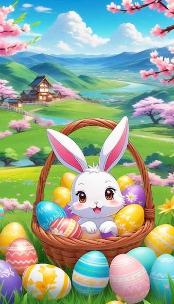 Easter bunny and decorated eggs egg hunting concept spring holiday