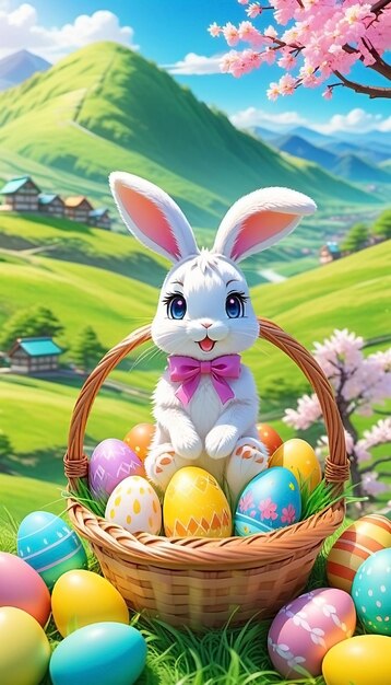 부활절 토끼와 장식 된 계란 계란 사냥 개념 봄 휴가