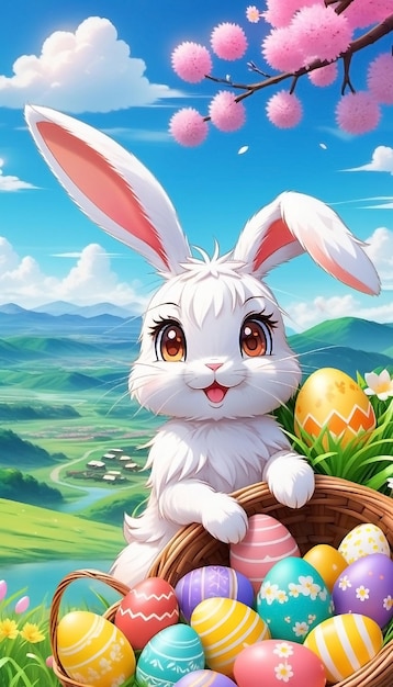 Easter bunny and decorated eggs egg hunting concept spring holiday