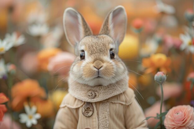 Foto coniglio di pasqua vestito con un costume su uno sfondo floreale ai generativa