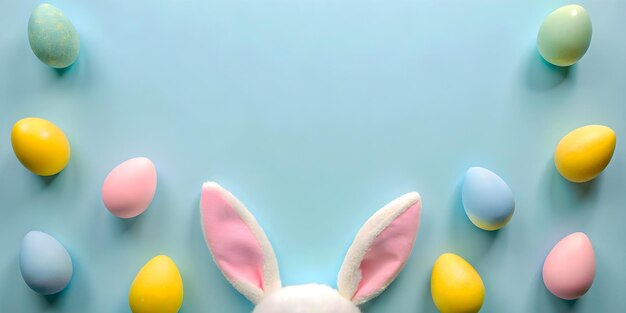 Easter Bunny Ears Pastel Eggs on Blue Background Top View