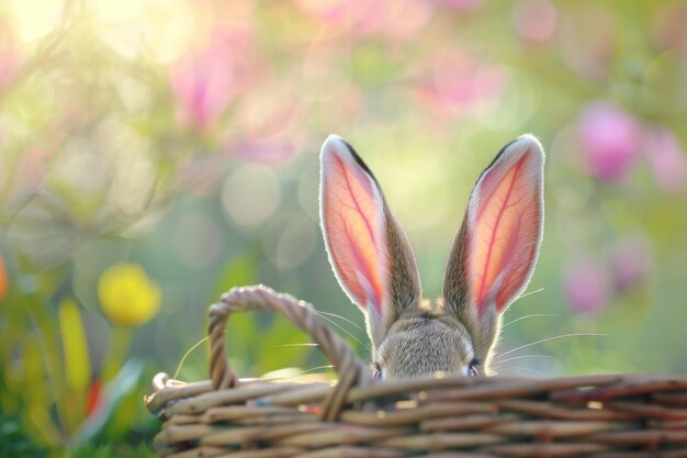 イースターウサギの耳がイースターエッグの狩バスケットから突き出しています