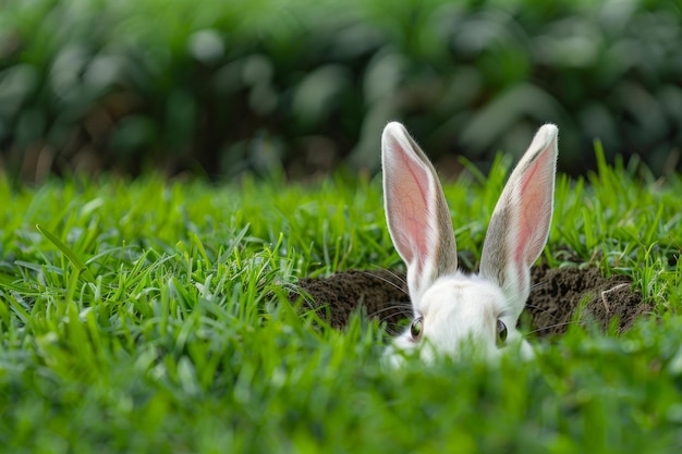 Photo easter bunny ears poking out of a hole in a garden