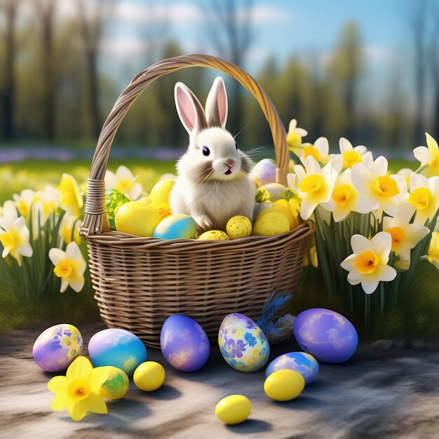 Easter bunny in an Easter basket with Easter eggs on a green meadow Daffodils