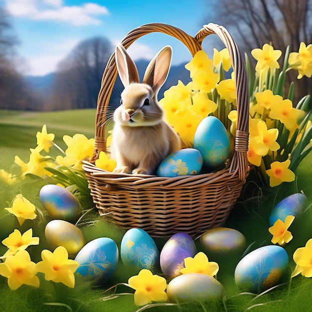 Пасхальный кролик в пасхальной корзине с пасхальными яйцами на зеленом лугу нарциссы