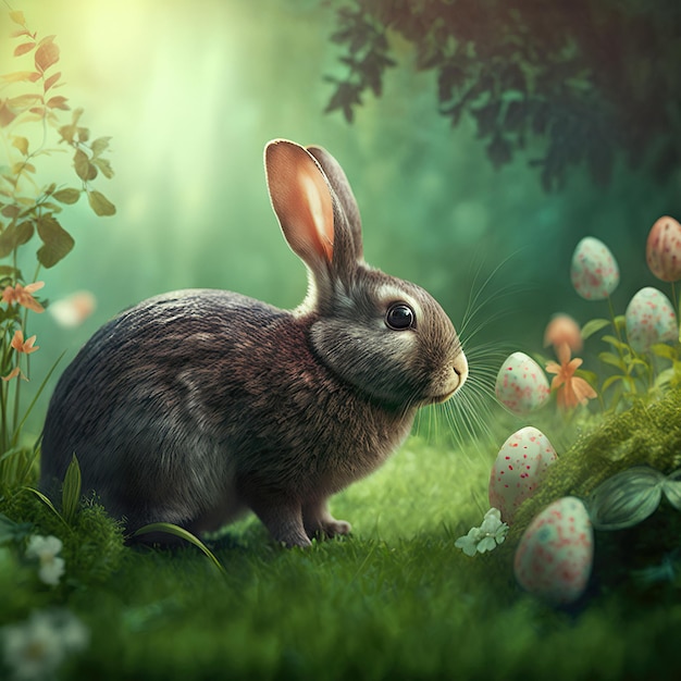 Easter bunny and Easter eggs in forest Happy Easter greeting card Generative AI