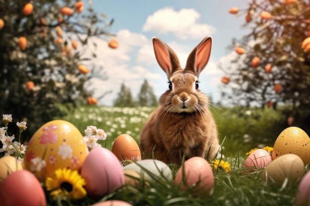 Easter bunny and Easter eggs on green grass Generative ai image