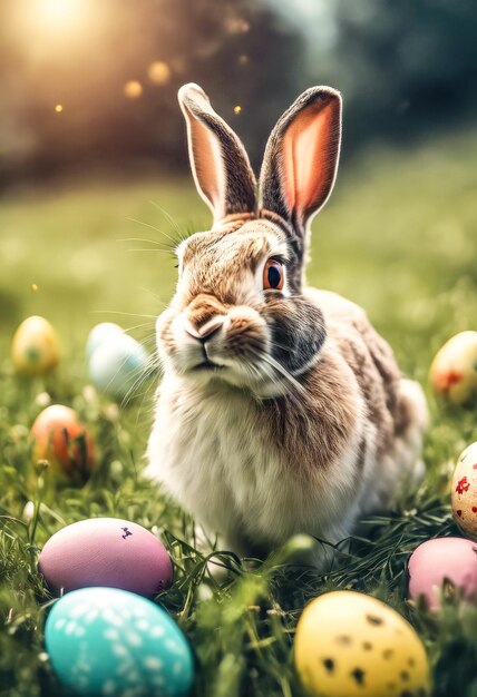 easter bunny and easter eggs on a meadow