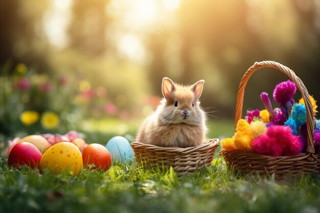 Easter bunny and Easter eggs in a wicker basket outdoors in warm sunlight