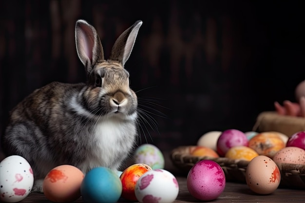 Easter bunny and easter eggs on wooden table selective focus AI generated
