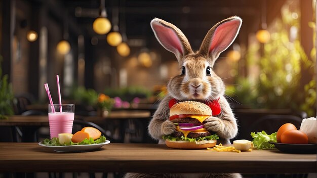 Пасхальный кролик ест чизбургер в кафе на заднем плане
