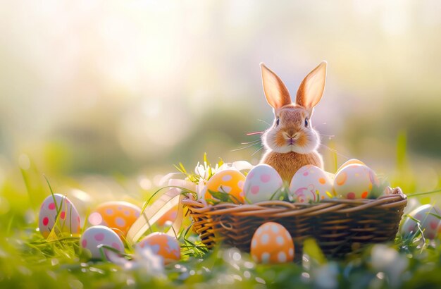 Photo easter bunny and egg basket symbolizing the resurrection of jesus generative ai