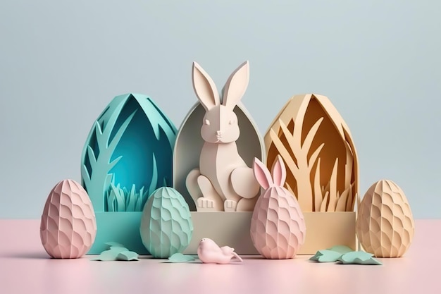 Easter bunny and eggs background Generative AI illustration