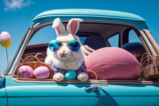 Easter bunny eggs and car for holiday vacation and festive season with pastel color chocolate and cute face Sunshine rabbit and animal portrait in vintage vehicle for creative celebration art