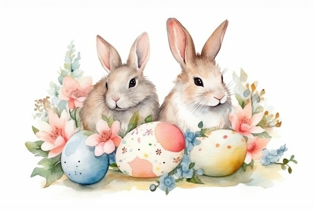 Easter bunny and eggs in a flower meadow