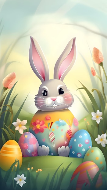 Easter bunny and eggs generative ai high quality photo