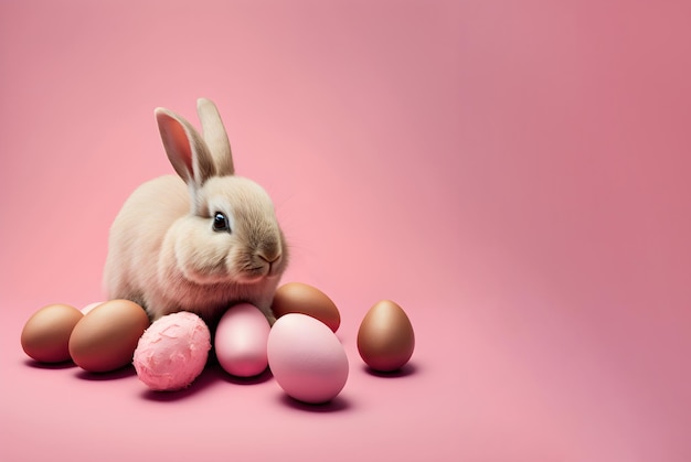 Easter bunny and eggs on a pink background