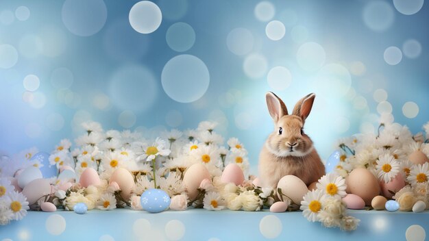 Easter bunny among eggs and spring flowers Easter blue wallpaper