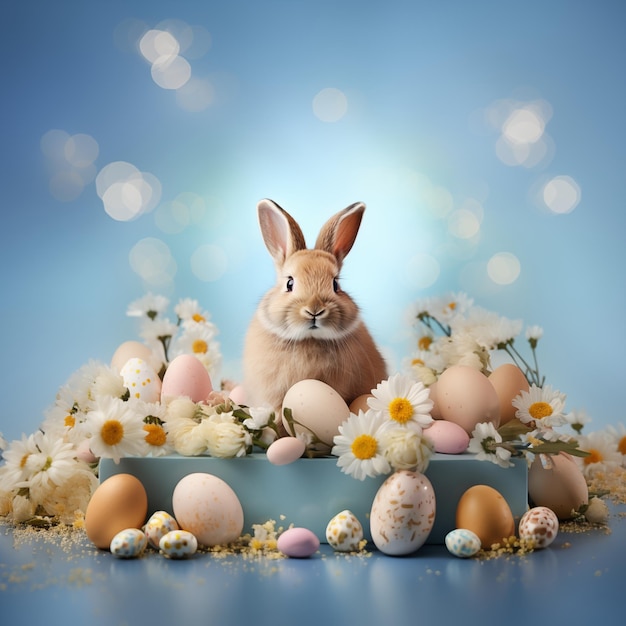 Easter bunny among eggs and spring flowers Easter blue wallpaper