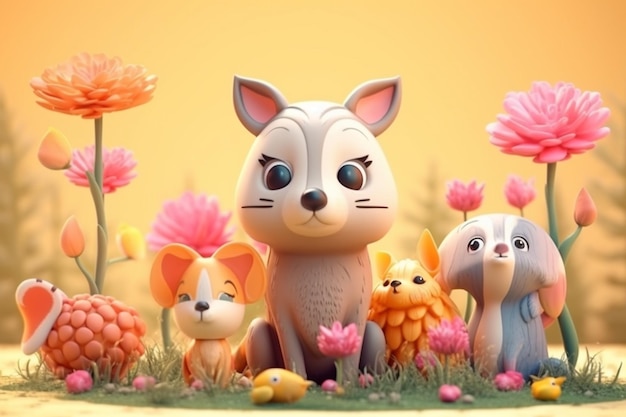 Photo easter bunny family with flowers in the meadow 3d render generative ai