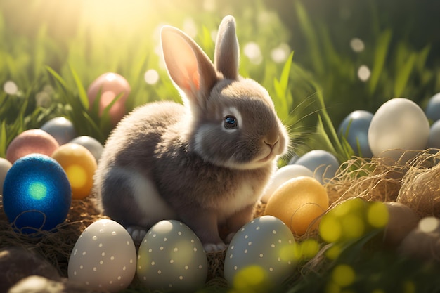 Easter bunny in the field among Easter eggs A small fluffy rabbit is looking for colored decorated eggs in the grass