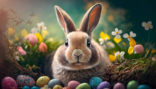 Easter bunny in a field of eggs