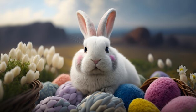 Easter bunny in a field of flowers