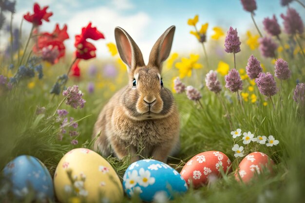 Easter bunny in a field with colorful eggs